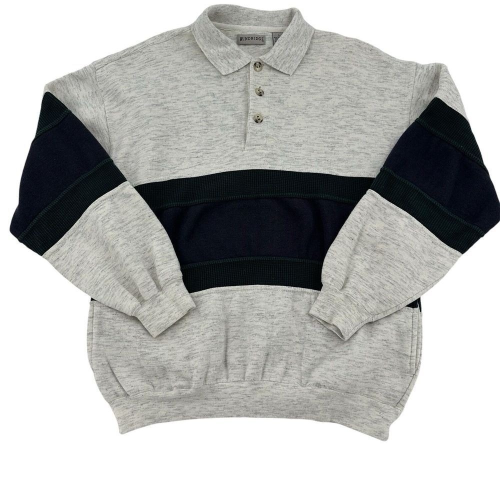 Windridge Mens Large Long Sleeve Polo Sweatshirt Grey Navy Colorblock Pullover